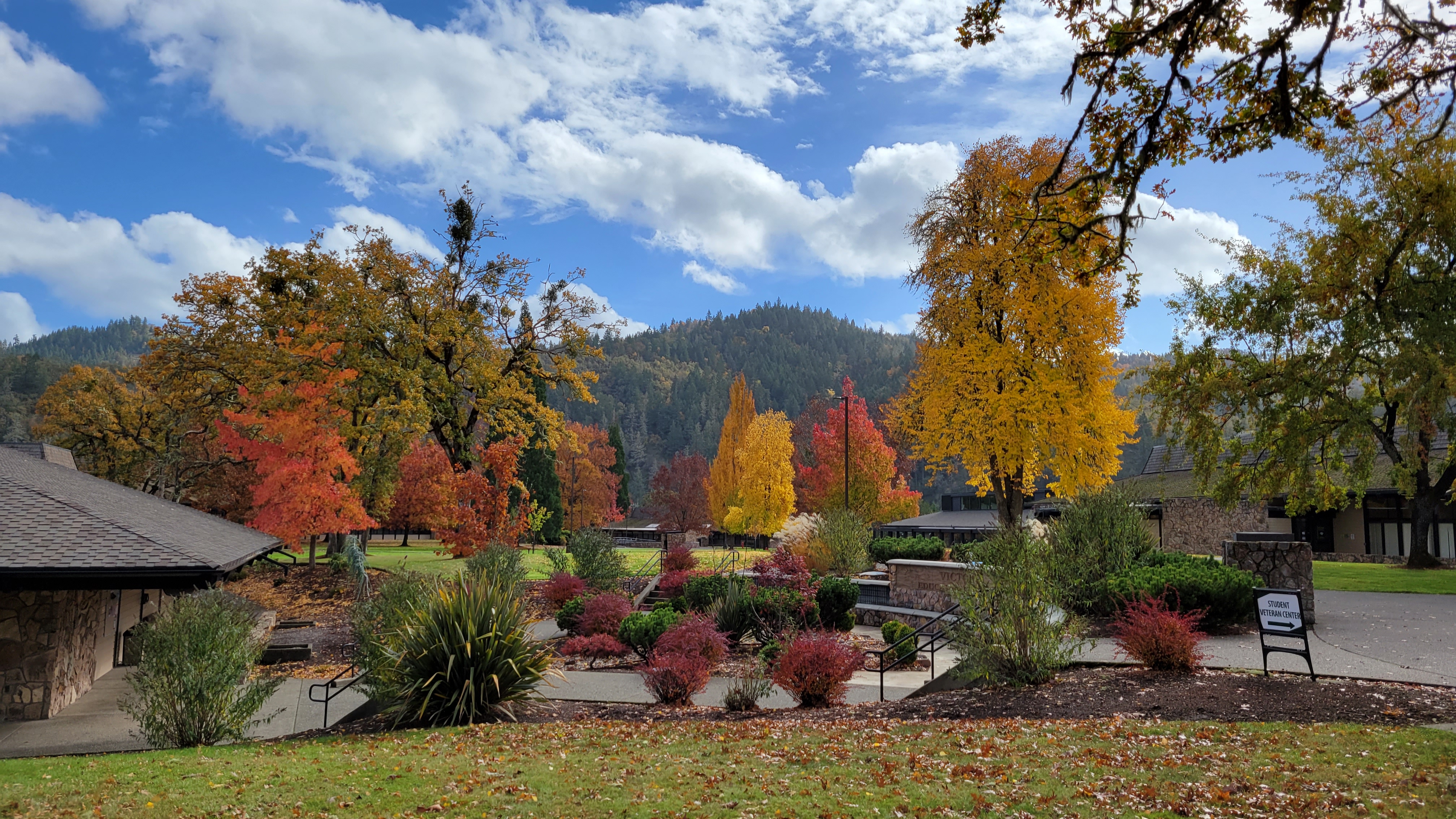 A scenic view of a park with vibrant autumn trees in shades of red, orange, and yellow, under a partly cloudy sky.